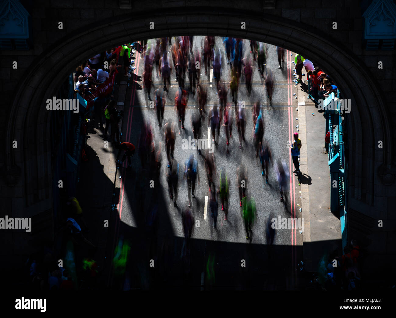 Runners make their way over Tower Bridge during the 2018 Virgin Money