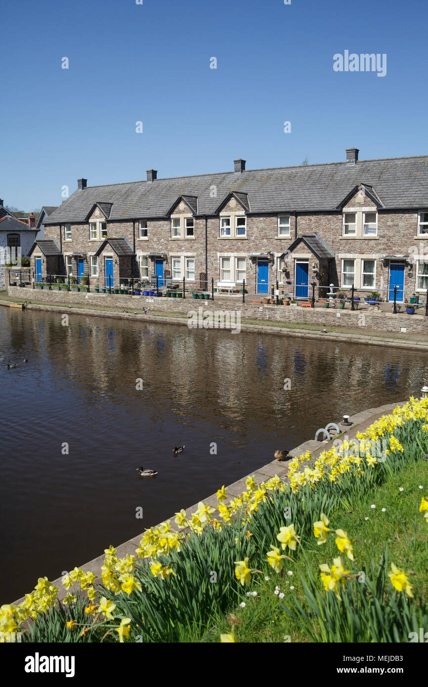 The Brecon Canal Basin - the start of the Monmouthshire and Brecon Canal in the heart of Brecon, South Wales on a sunny day Stock Photo