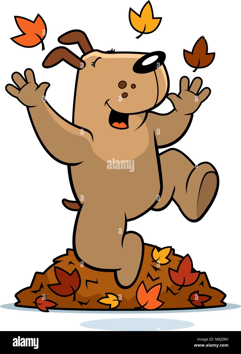 A cartoon illustration of a dog jumping in autumn leaves Stock Vector