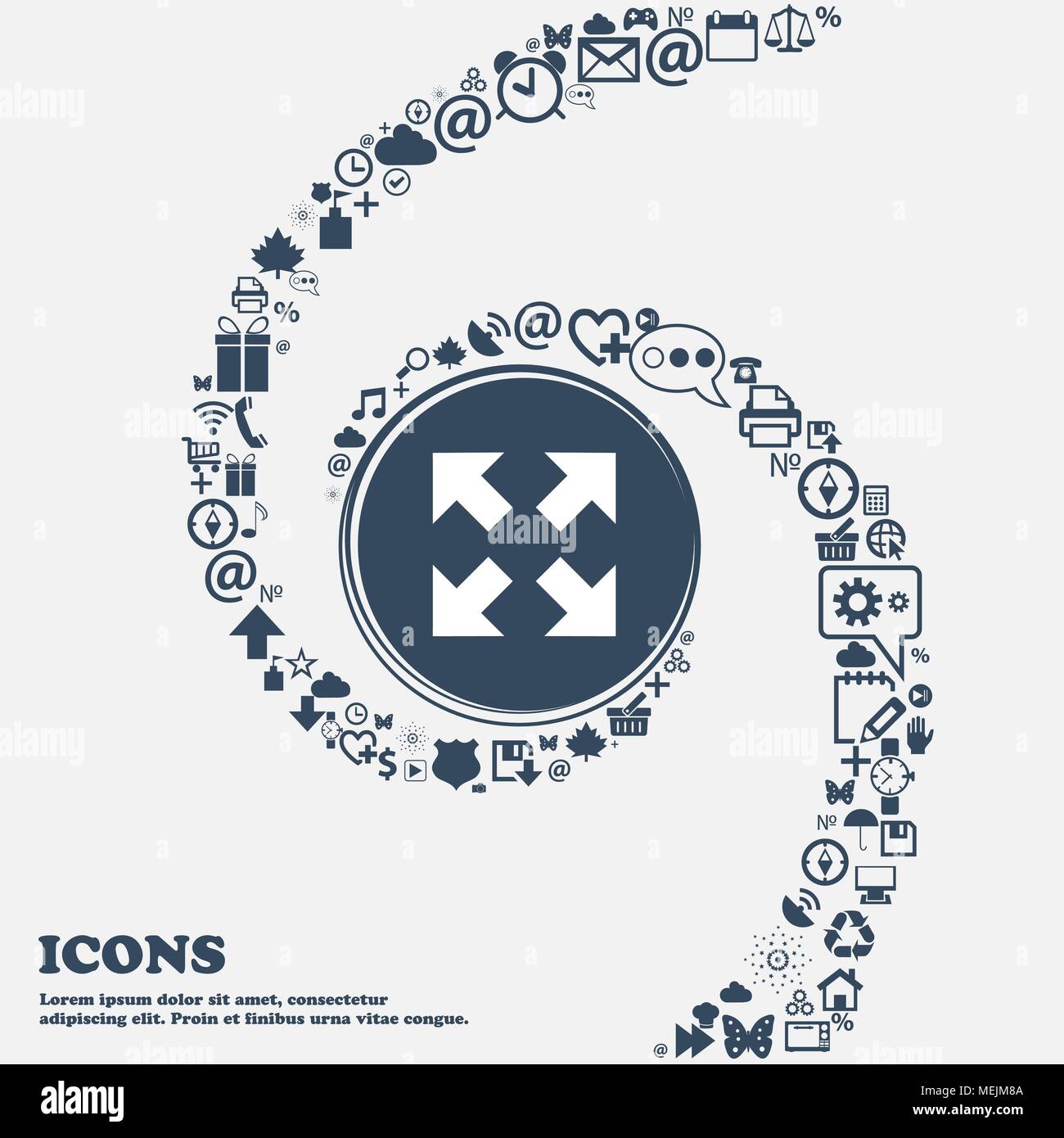 Full screen icon in the center. Around the many beautiful symbols twisted in a spiral. You can use each separately for your design. Vector illustratio Stock Vector