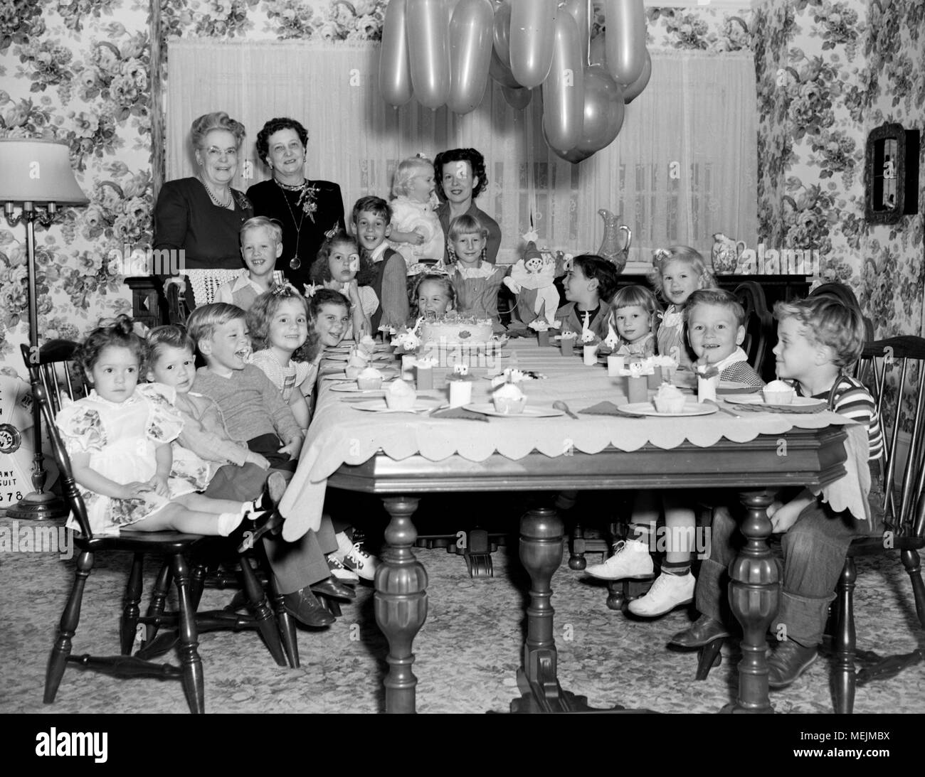 Birthday party for a 4 year old girl, ca. 1947. Stock Photo