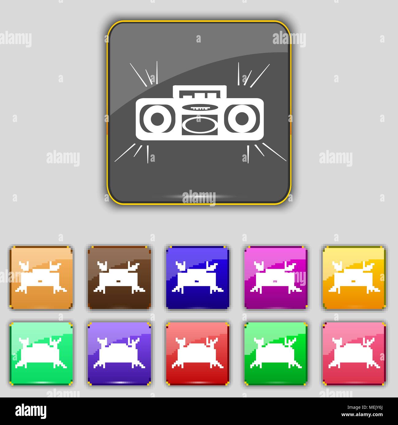 Radio cassette player icon sign. Set with eleven colored buttons for ...