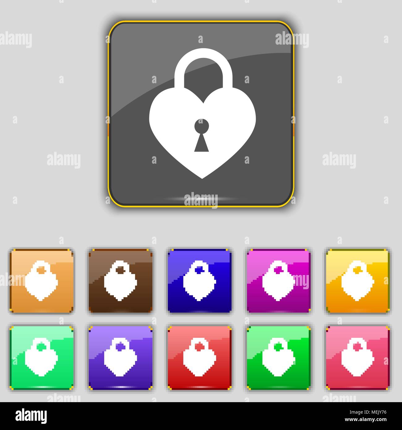 Lock in the shape of heart icon sign. Set with eleven colored buttons ...