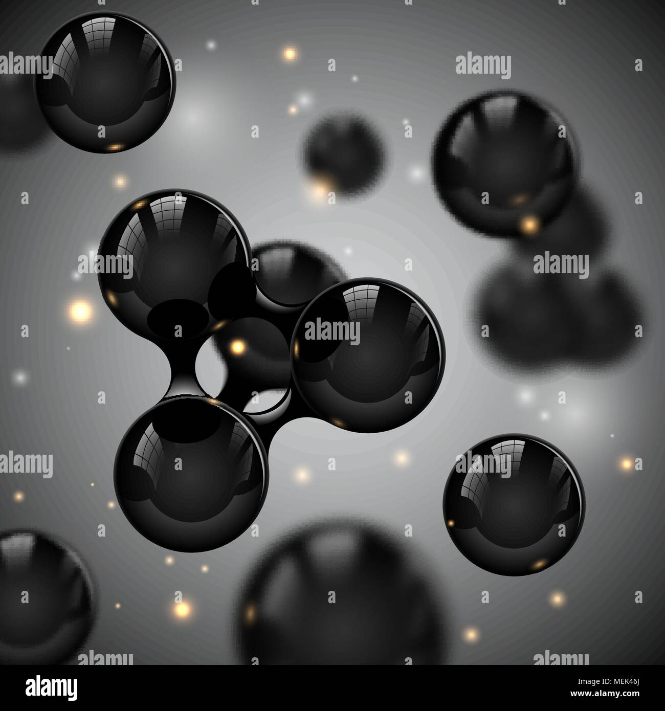 Vector abstract black glossy molecules design. Atoms with glow light sparks illustration. Medical background for science banner or flyer. Molecular Stock Vector