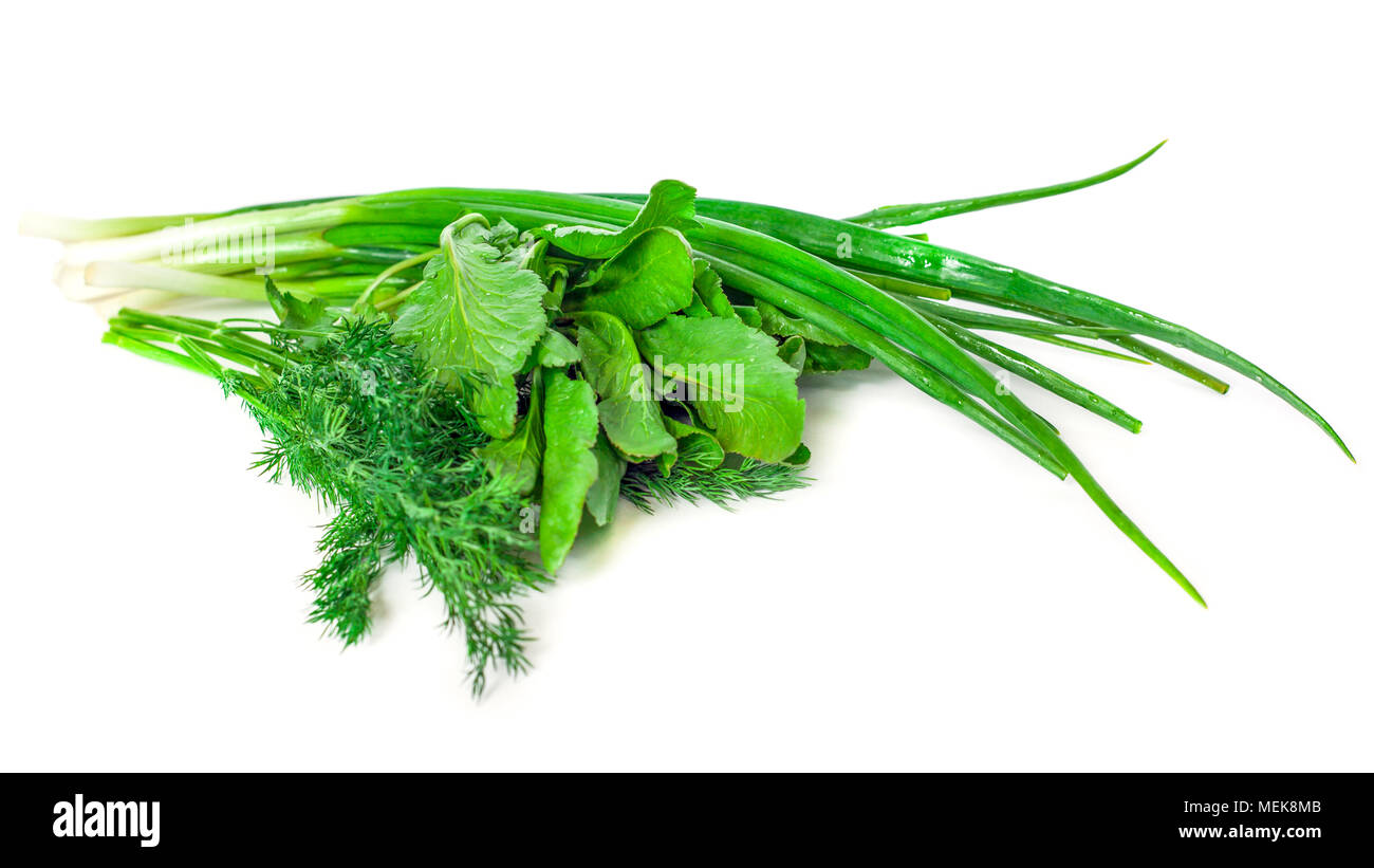 green onion, dill and spinach on a white background Stock Photo Alamy