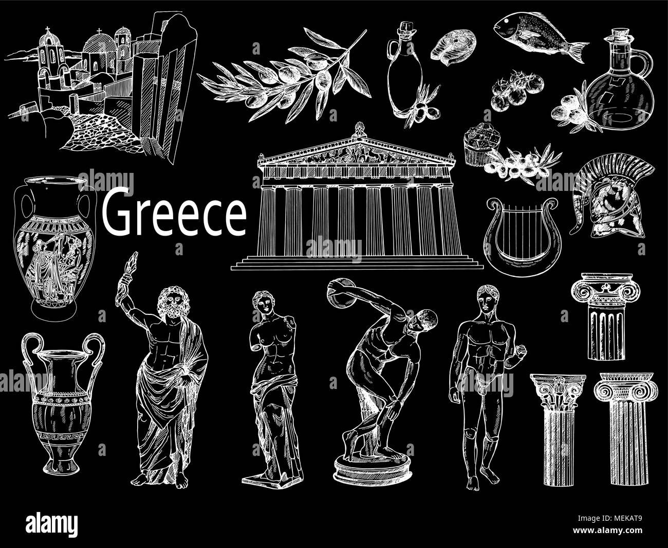 Set of hand drawn sketch style Greek themed objects isolated on black background. Vector illustration. Stock Vector