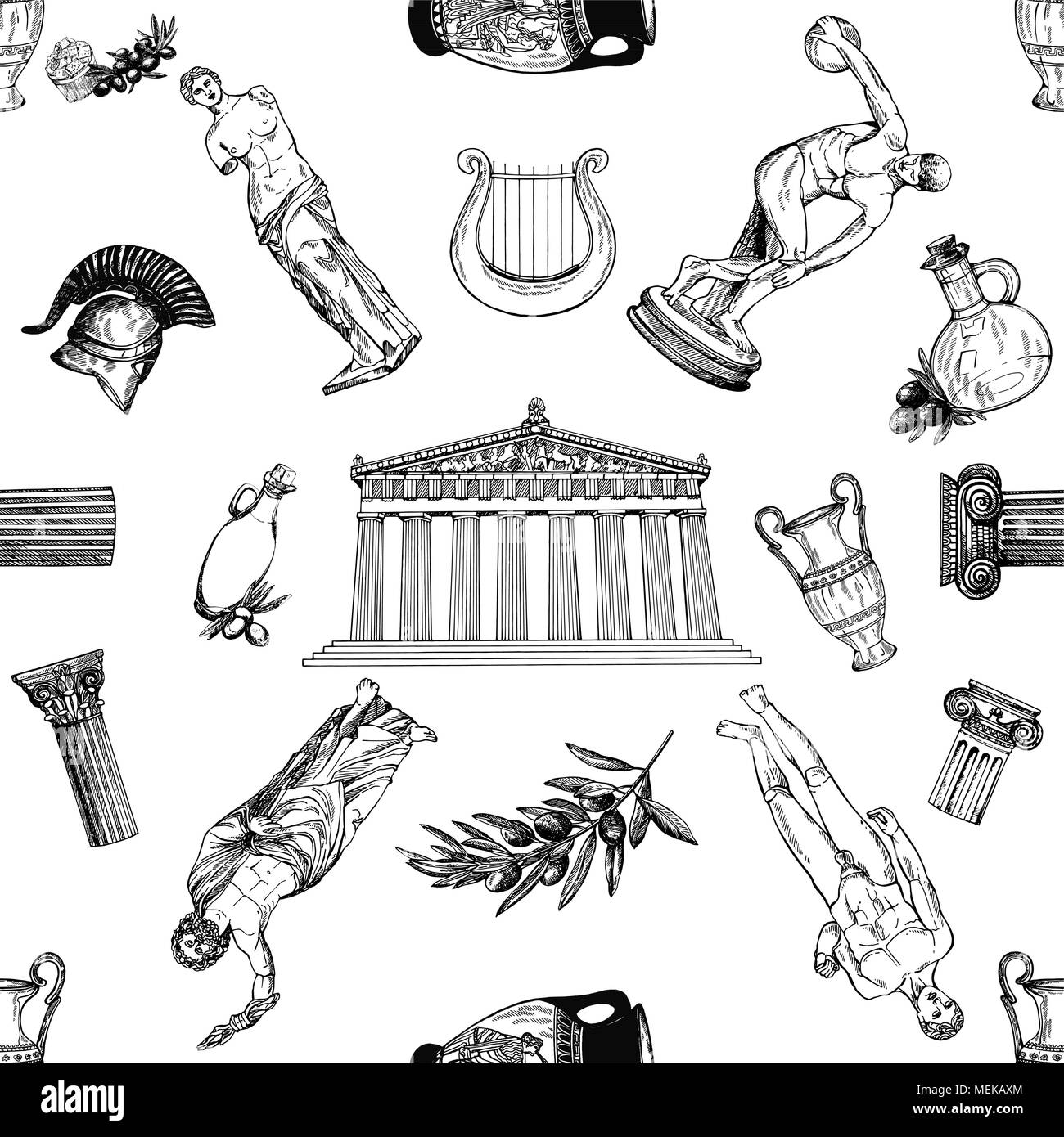 Seamless pattern of hand drawn sketch style Greek themed objects ...