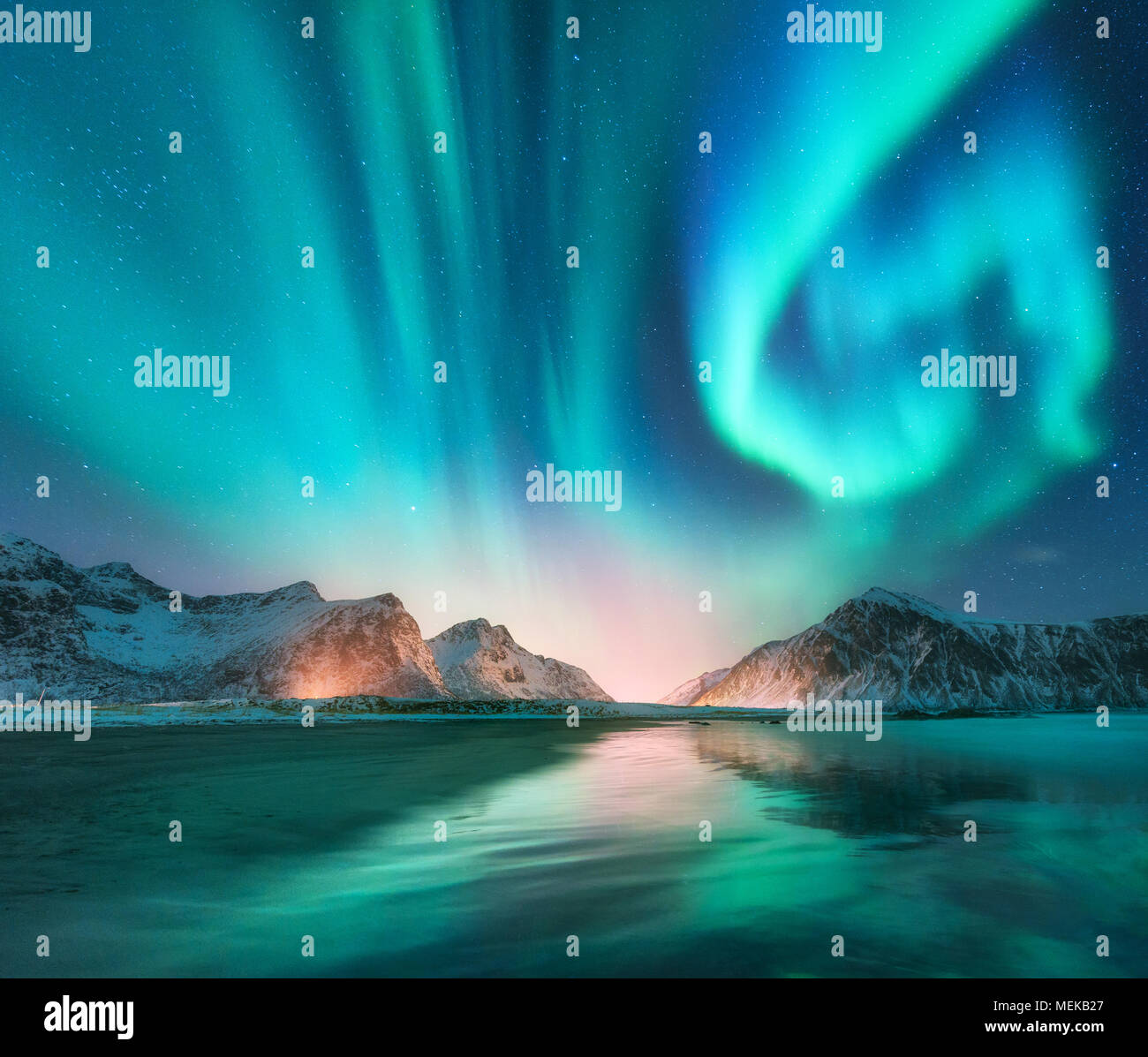 Aurora Borealis In Lofoten Islands Norway Aurora Green Northern Lights Starry Sky With Polar Lights Night Winter Landscape With Aurora Sea With Stock Photo Alamy