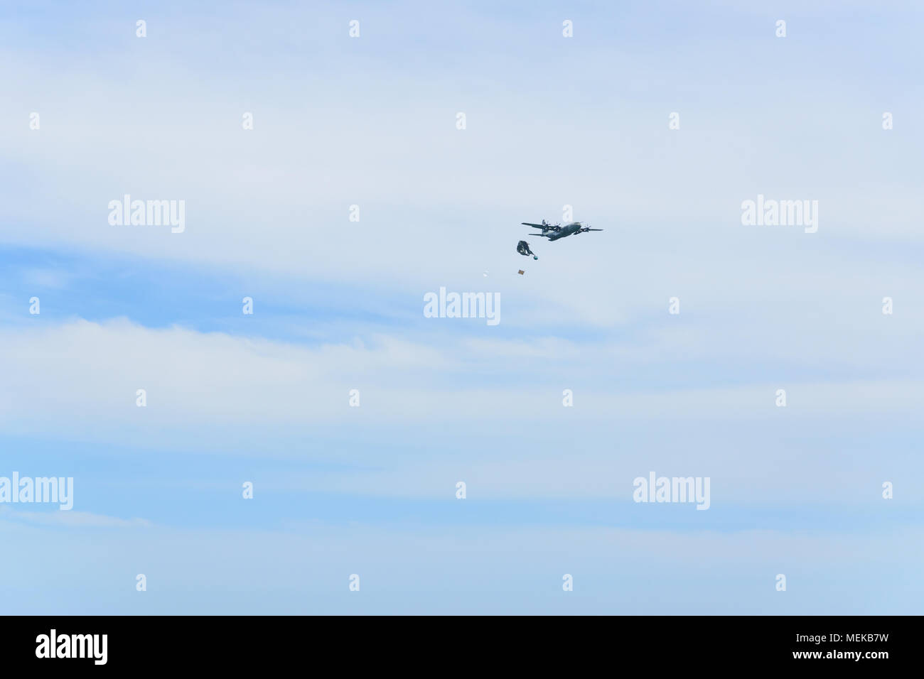 The RAF practices an air drop over Studland Bay, Dorset Stock Photo