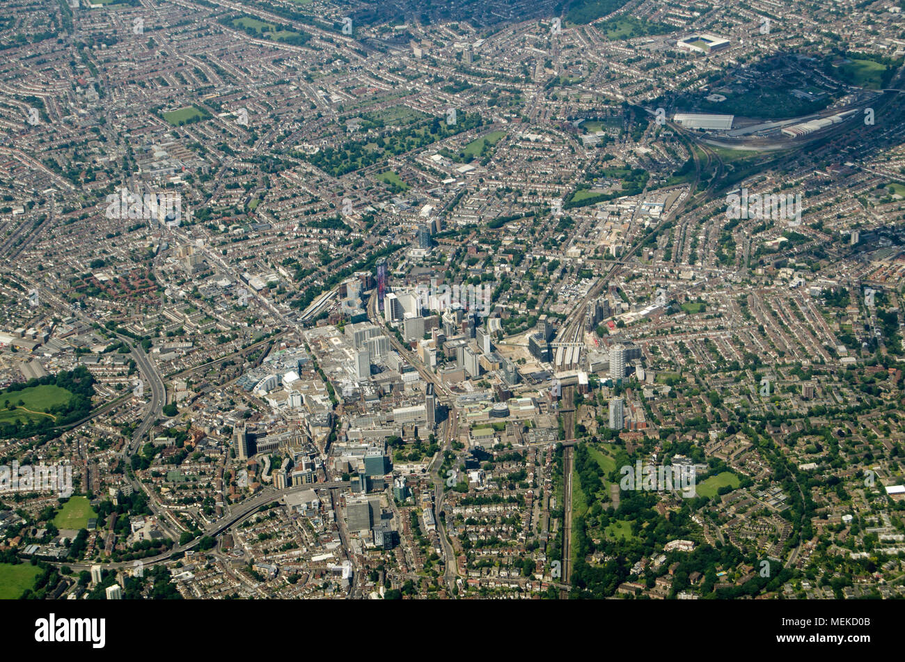 View from the air looking North across Croydon in south London.  The Crystal Palace football team's home ground Selhurst Park is towards the top right Stock Photo