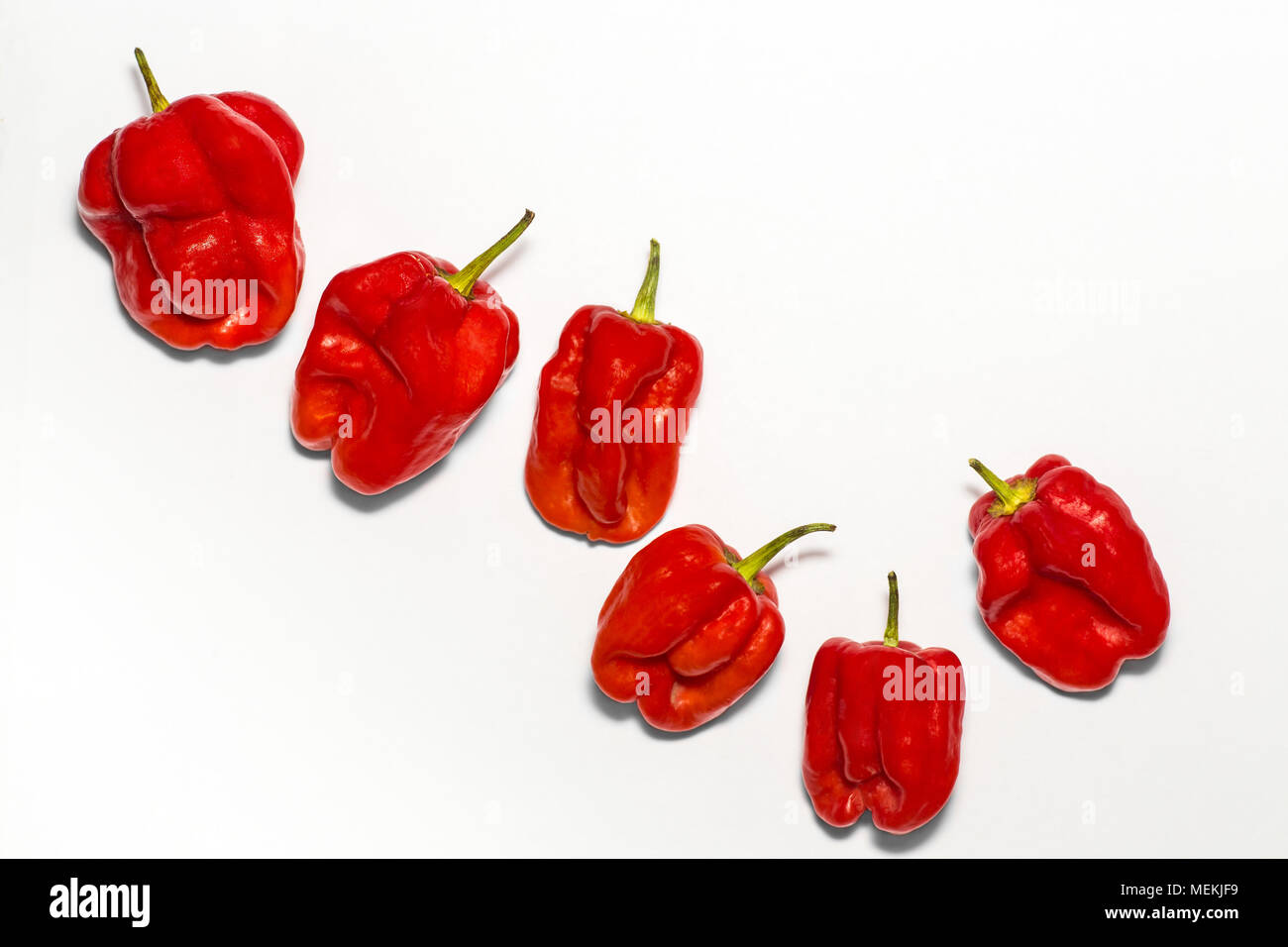 Selection of Red Habanero Chillies arranged on a white background with lots of copy space. Macro food photography image of red hot chili peppers Stock Photo