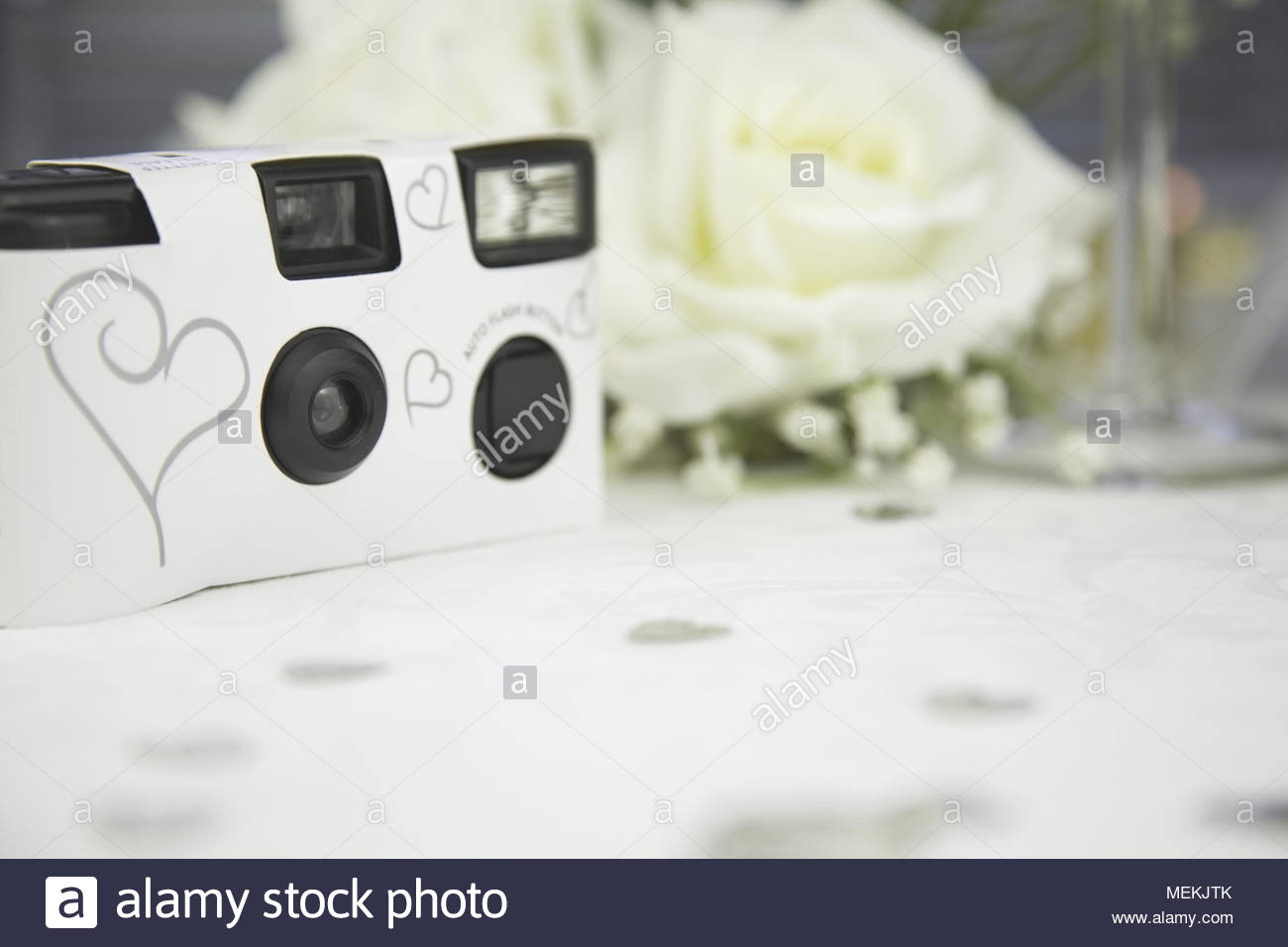 Disposable White Wedding Cameras With Silver Hearts On The Front