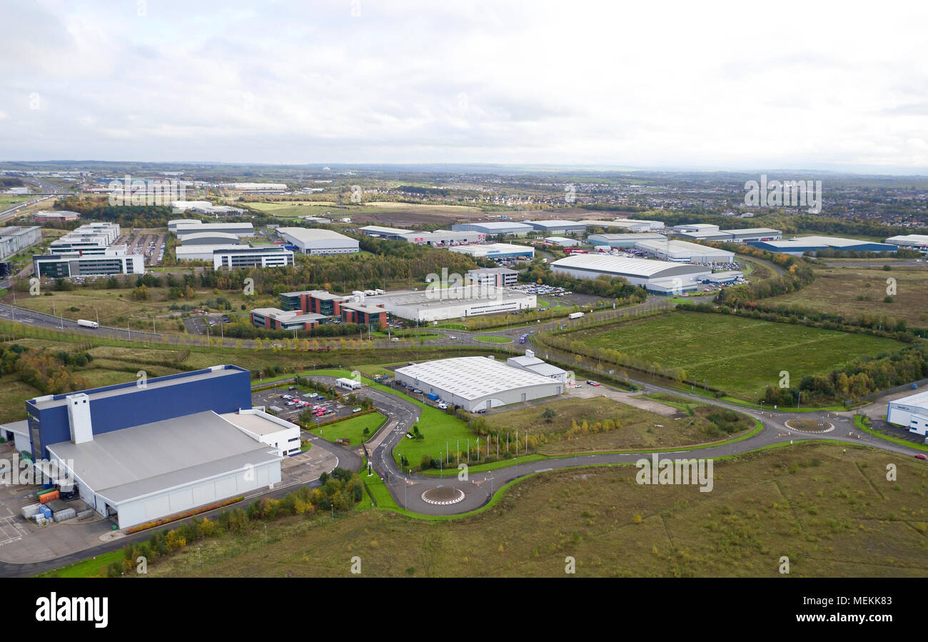 Aerial drone view of Eurocentral business park Stock Photo