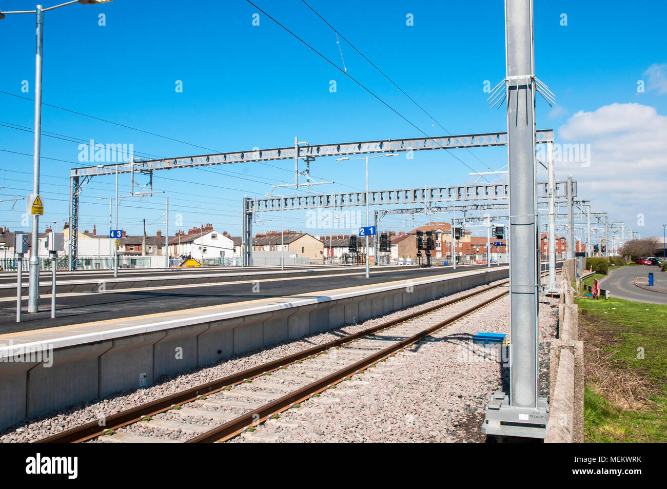 View of new platforms and overhead gantrys at Blackpool North Statiopn. This is the electrifacation of the railway from Preston to Blackpool. Stock Photo