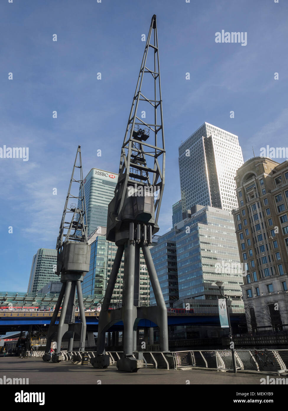 LONDON, UK - APRIL 05, 2018: Dock Cranes at West India Quay in Docklands Stock Photo
