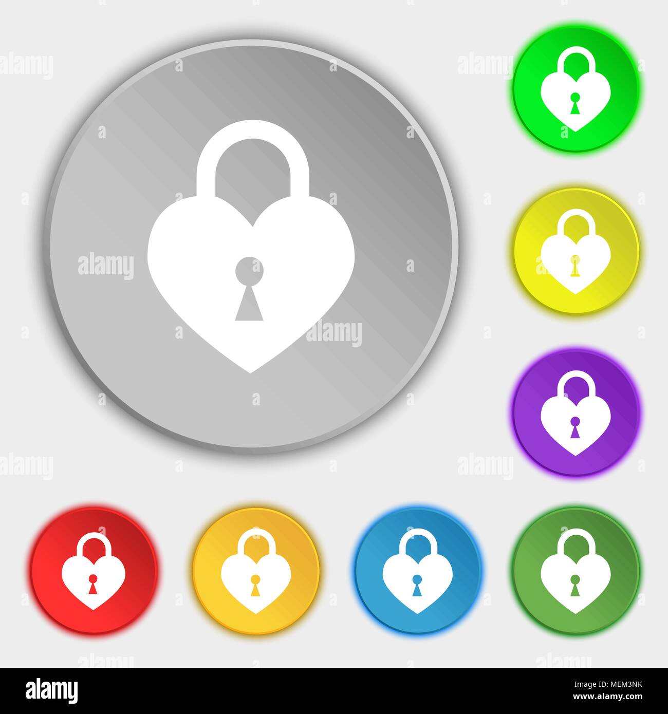 Lock in the shape of heart icon sign. Symbol on eight flat buttons ...