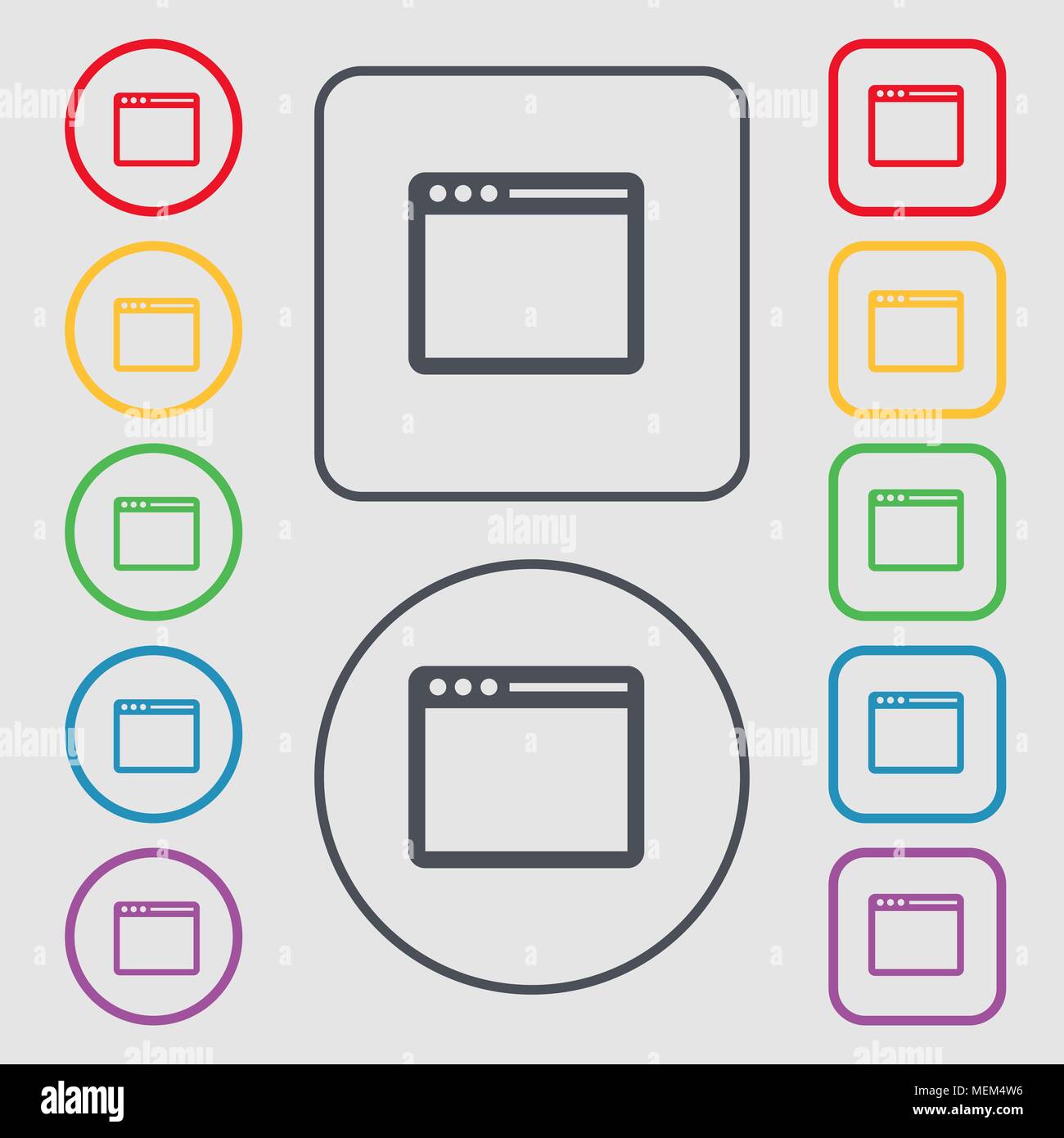 Simple Browser window icon sign. symbol on the Round and square buttons ...