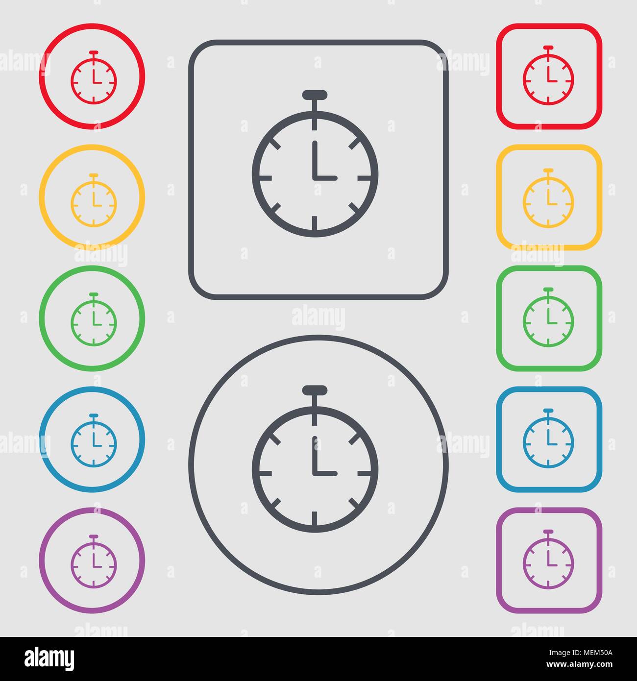 Stopwatch icon sign. symbol on the Round and square buttons with frame ...