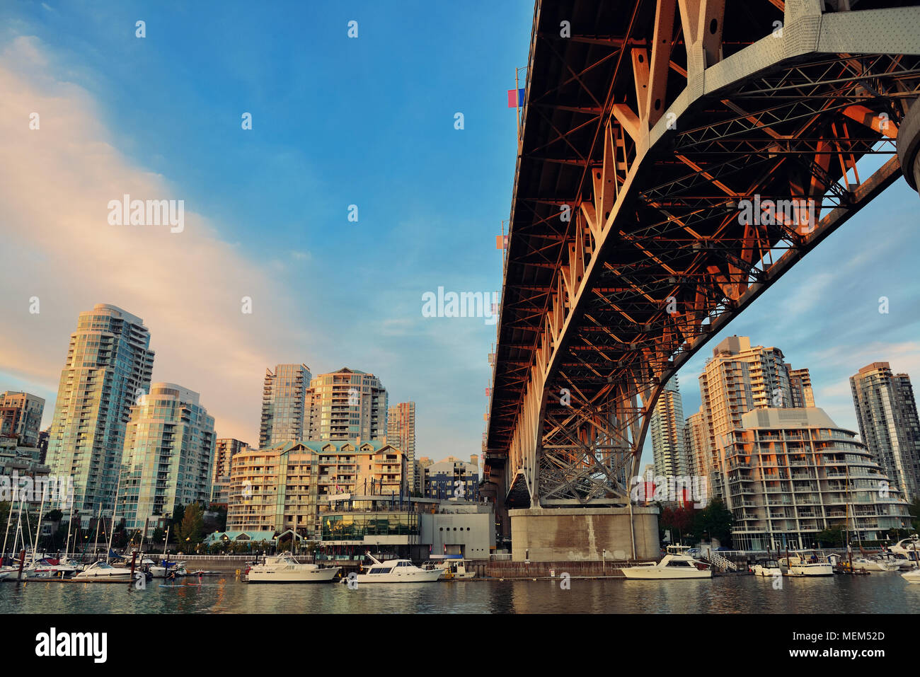 Vancouver False Creek at sunset with bridge and boat Stock Photo - Alamy