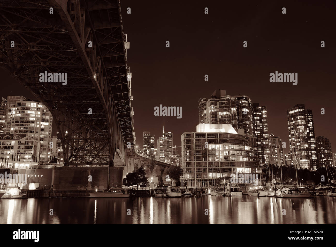 Vancouver False Creek at night with bridge and boat Stock Photo - Alamy