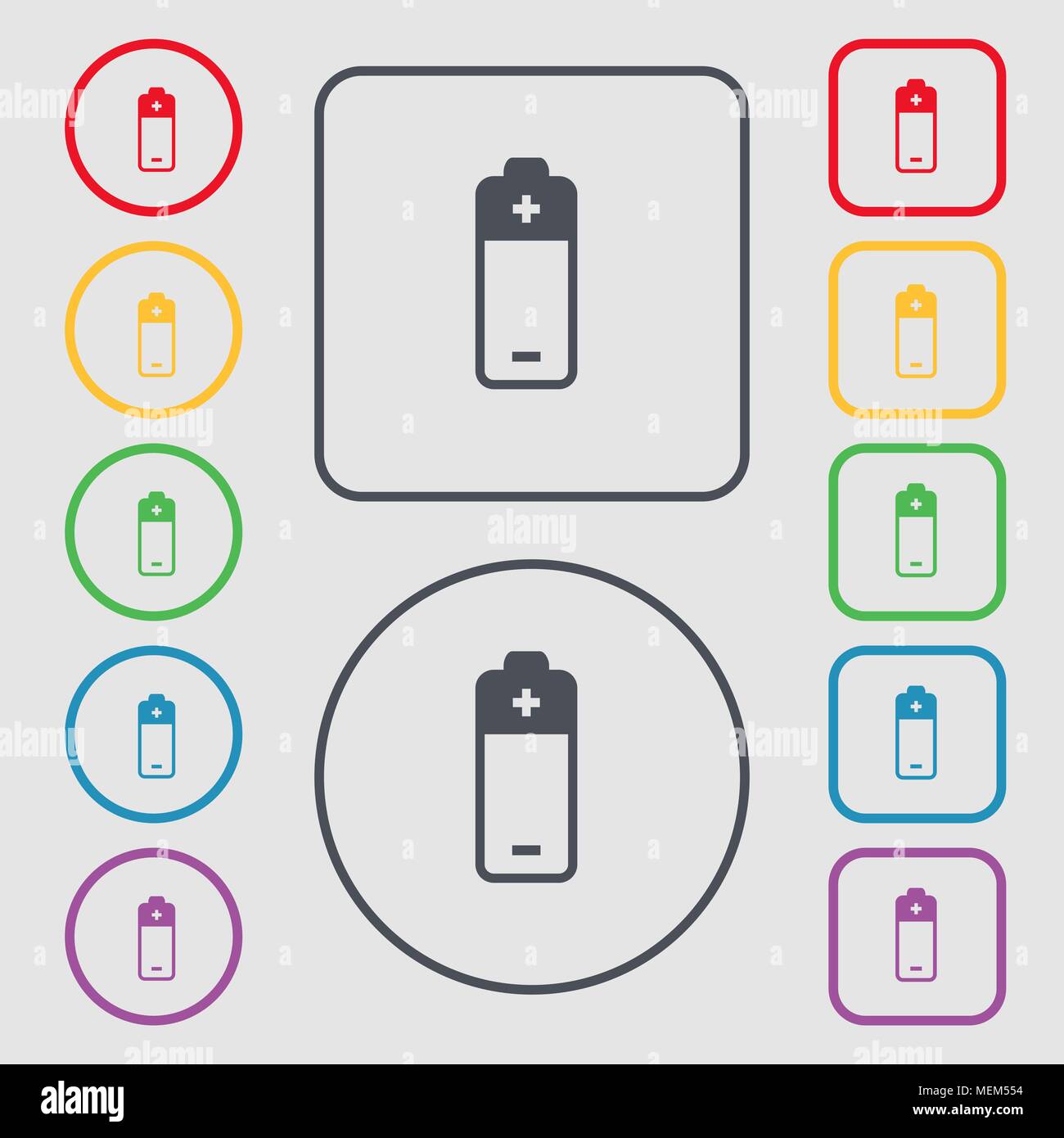 battery icon sign. symbol on the Round and square buttons with frame ...