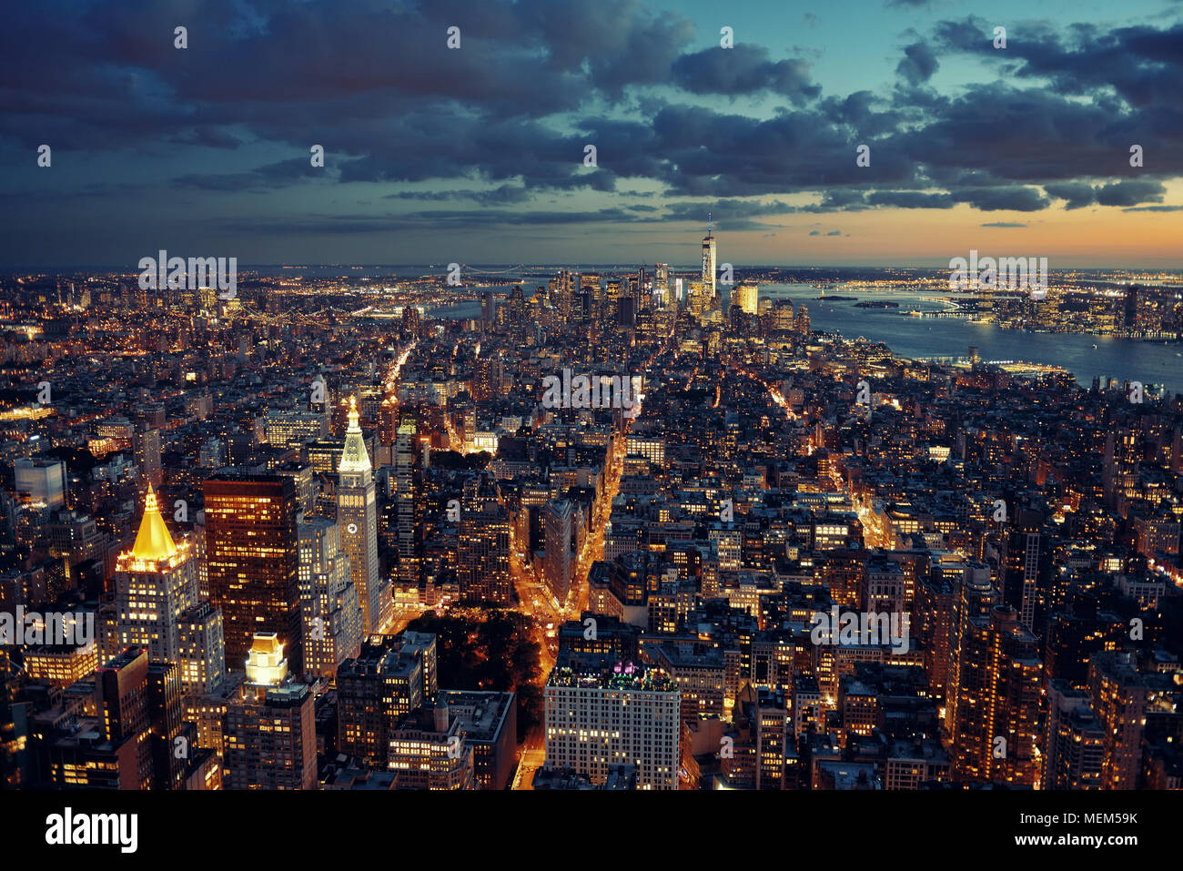 New York City downtown skyline view at night Stock Photo - Alamy