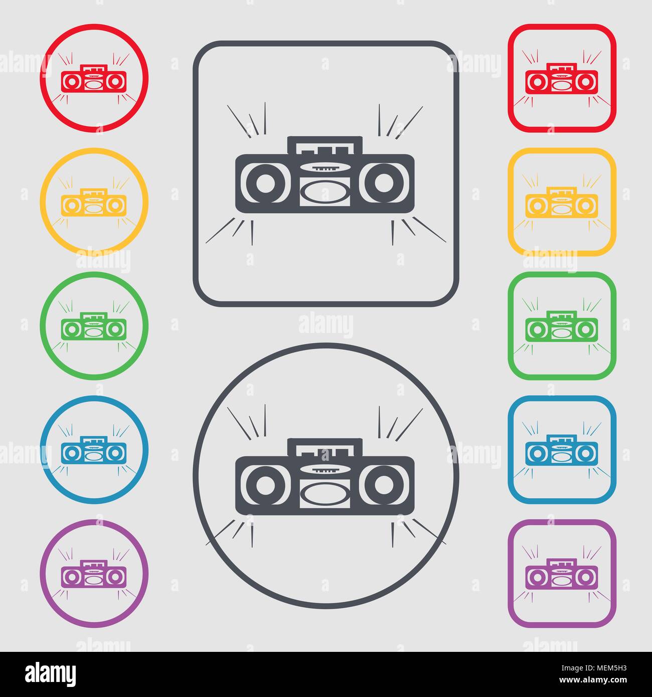 Radio cassette player icon sign. symbol on the Round and square buttons ...