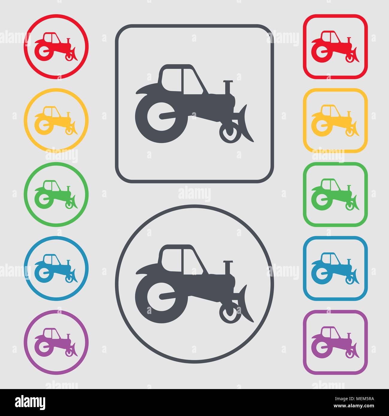 Tractor icon sign. symbol on the Round and square buttons with frame ...