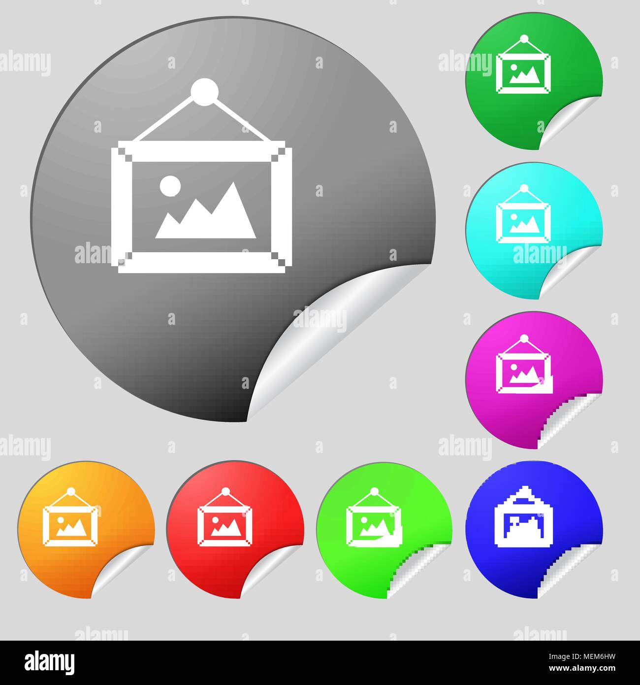 picture icon sign. Set of eight multi colored round buttons, stickers ...