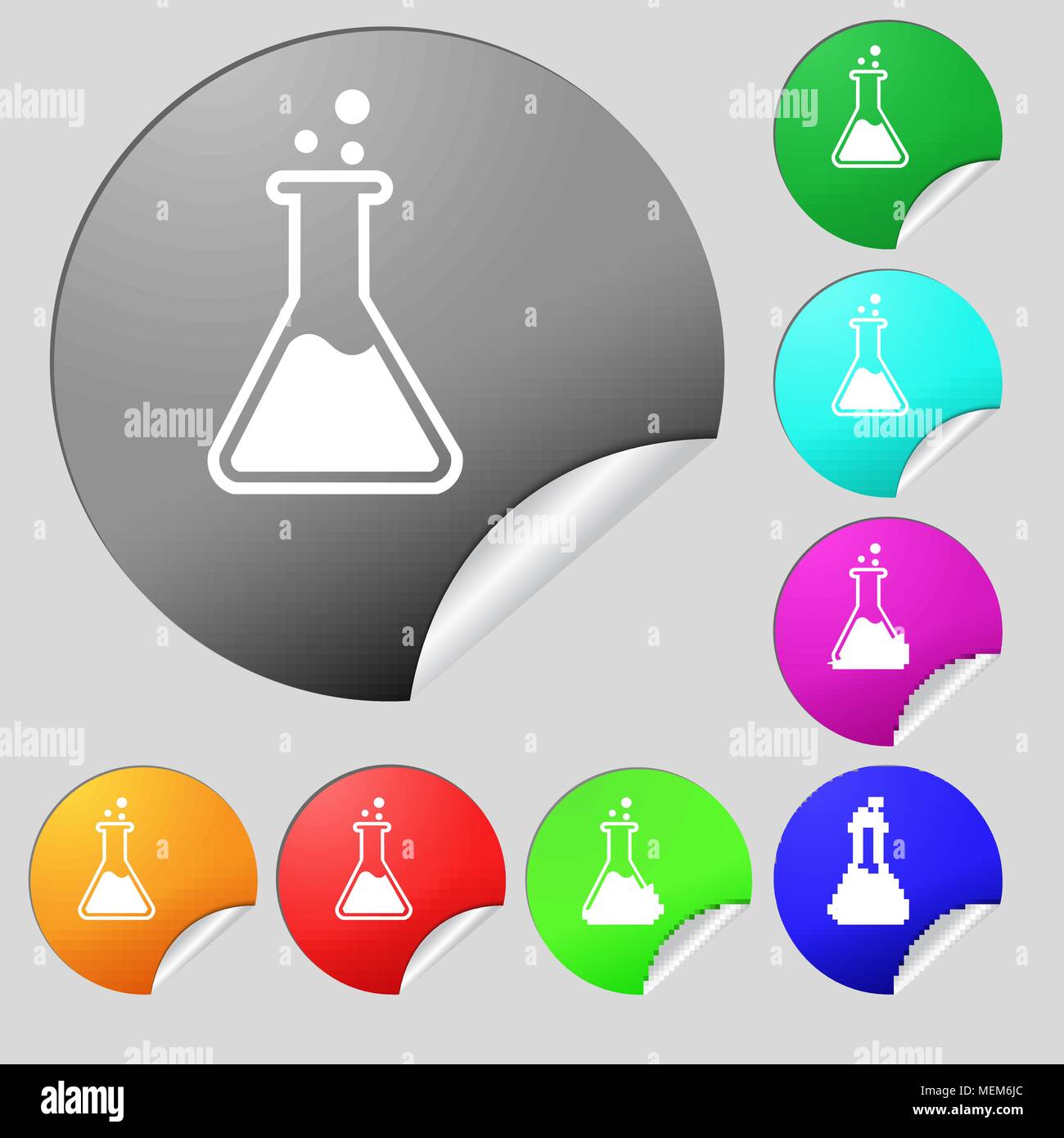 Flask icon sign. Set of eight multi colored round buttons, stickers ...