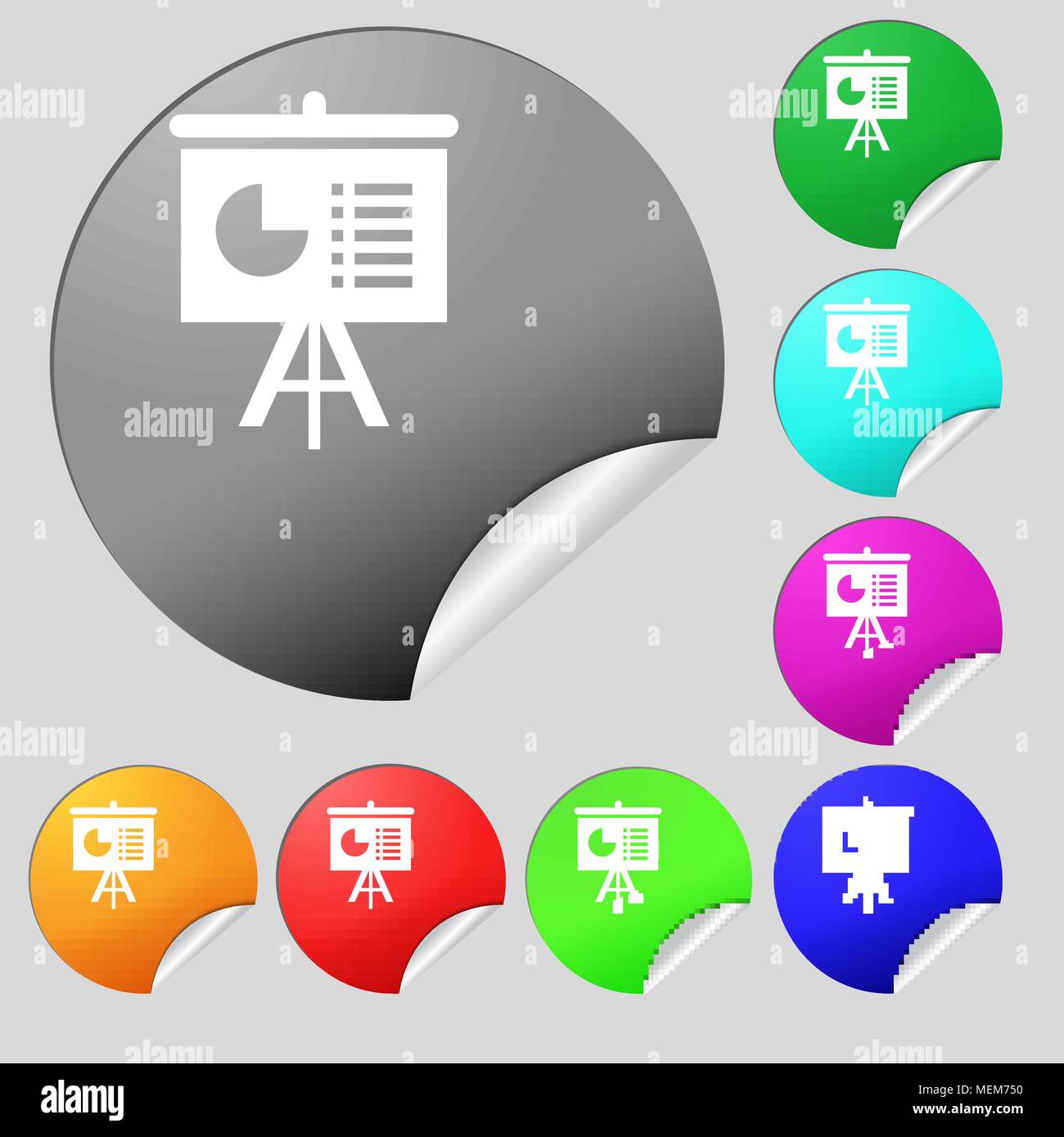 presentation board icon sign. Set of eight multi colored round buttons ...