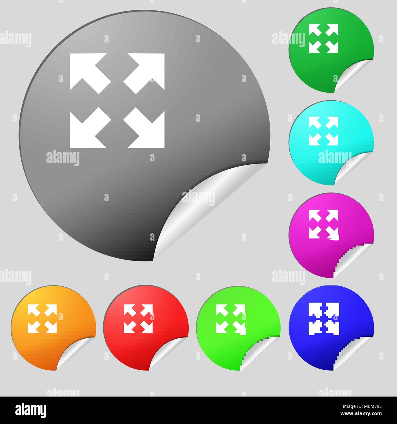 Full screen icon sign. Set of eight multi colored round buttons ...