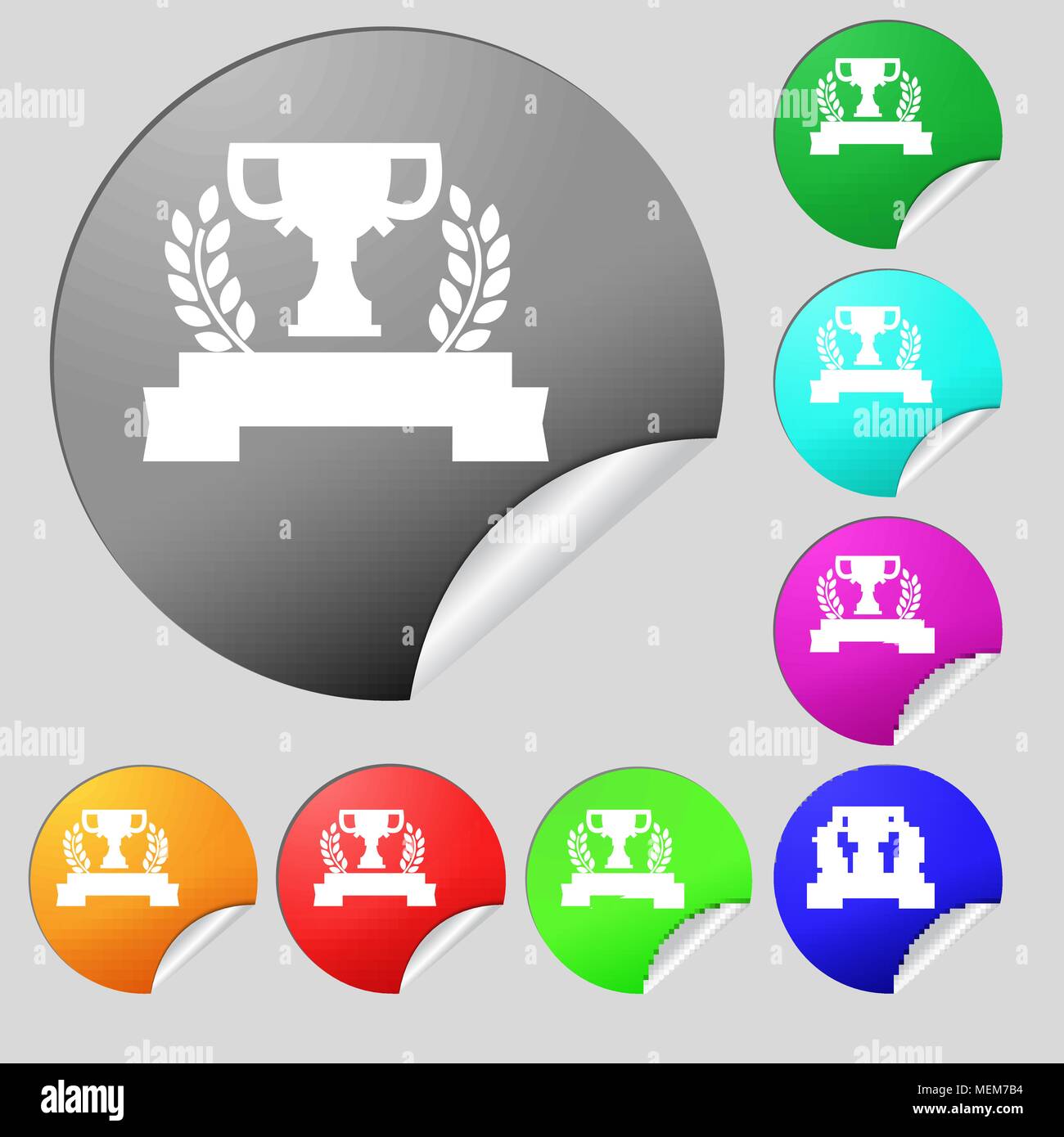 Trophy Cup icon sign. Set of eight multi colored round buttons ...