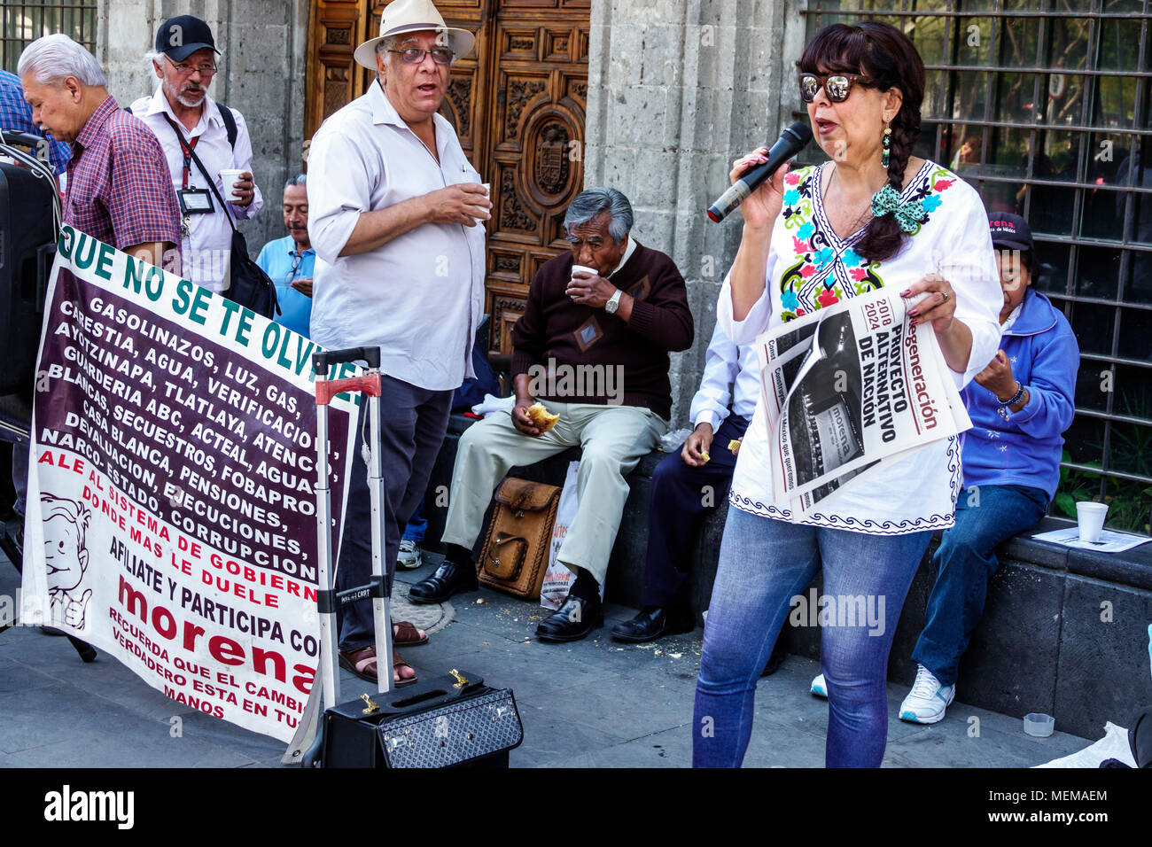 Mexico City,Mexican,Hispanic,historic Center Centre,Avenida Juarez,leftist political rally,Movimiento Regeneracion Nacional,Morena,poster,man men male Stock Photo