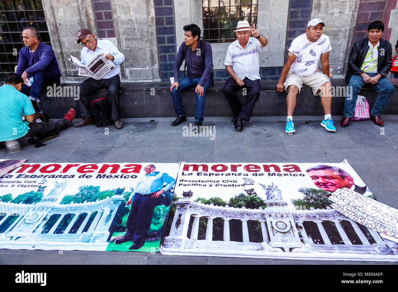 Mexico City,Mexican,Hispanic,historic Center Centre,Avenida Juarez,leftist political rally,Movimiento Regeneracion Nacional,Morena,poster,Lopez Obrado Stock Photo