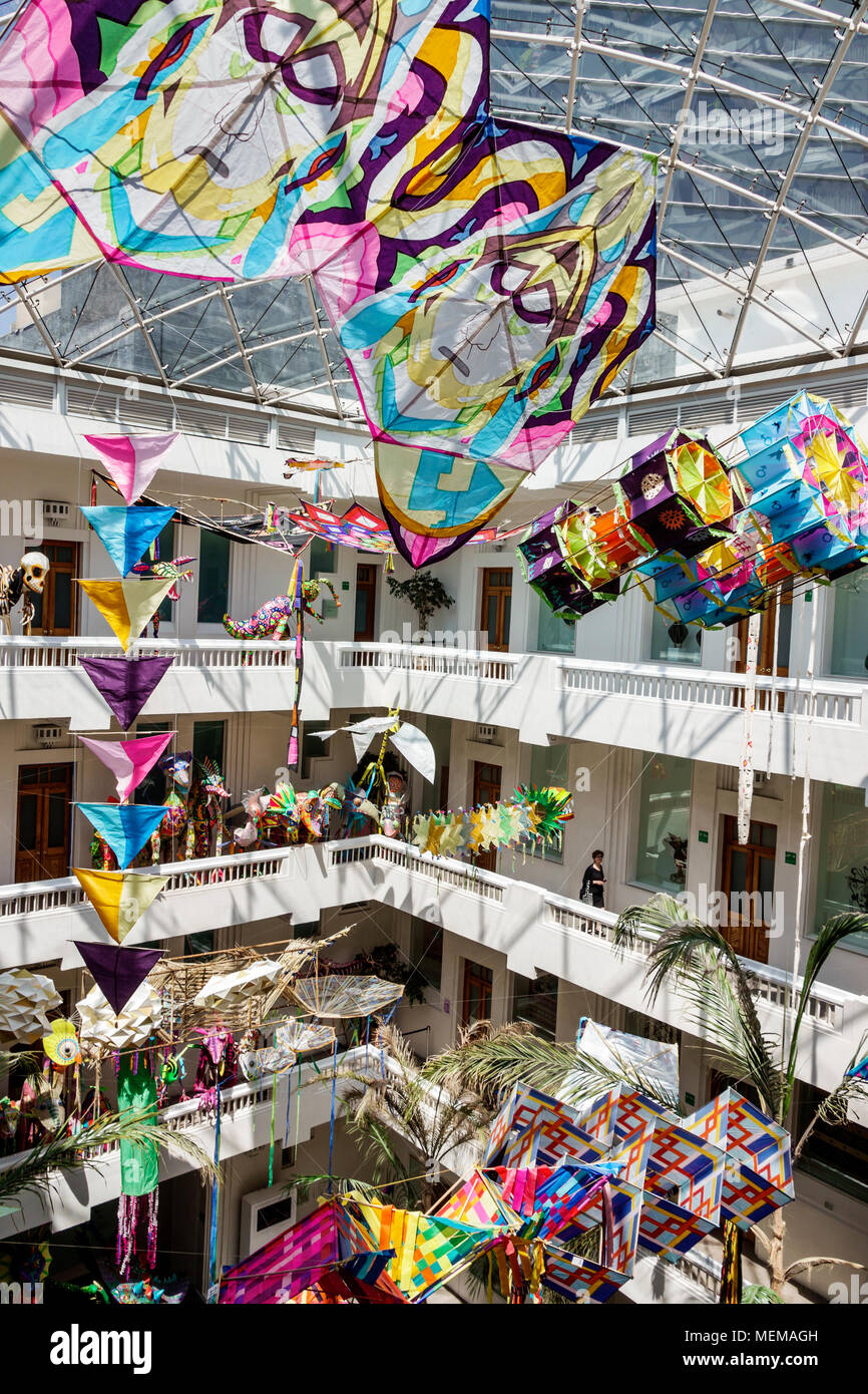 Mexico City,Mexican,Hispanic,historic Center Centre,Museo de Arte Popular,Popular Art Museum,inside,atrium,exhibit exhibition collection artful kites, Stock Photo