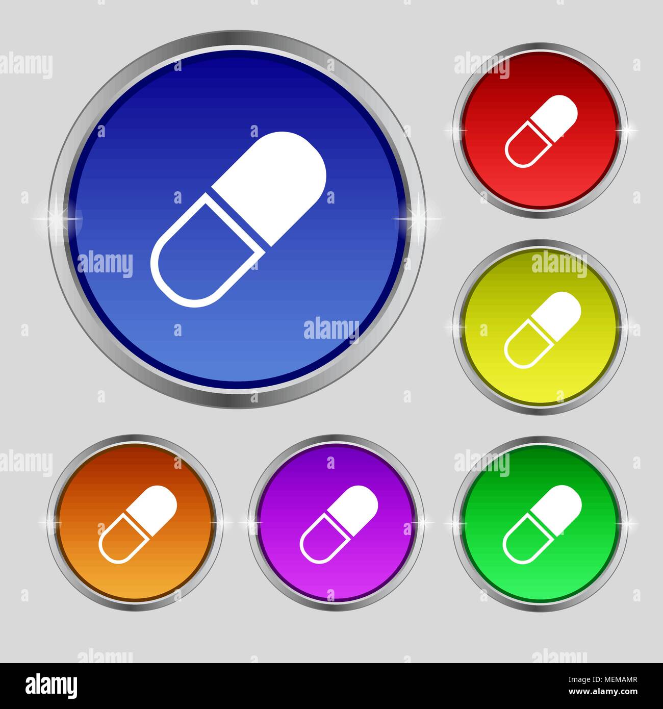 pill icon sign. Round symbol on bright colourful buttons. Vector ...