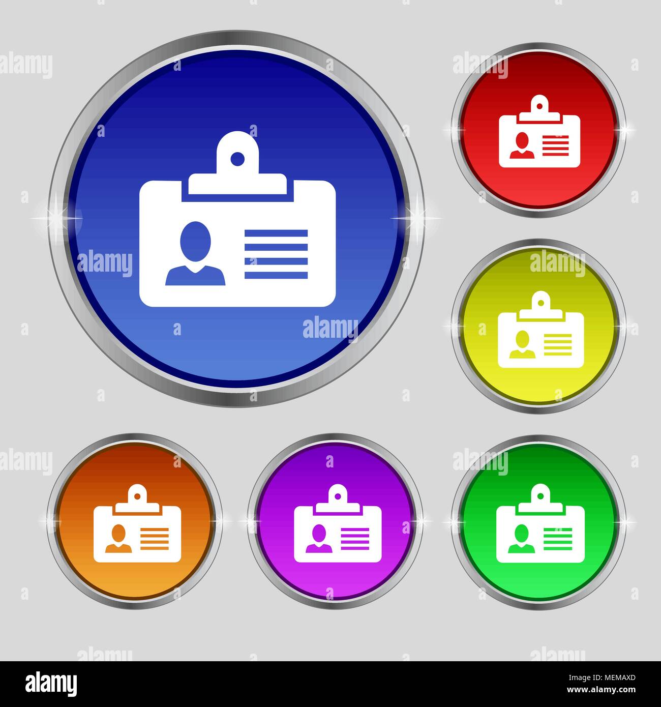 Identification card icon sign. Round symbol on bright colourful buttons ...
