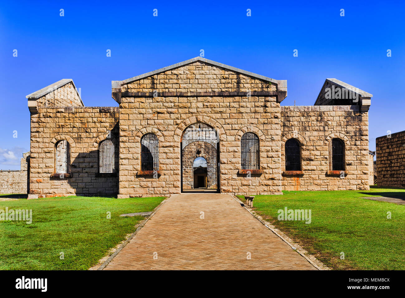 Inner court of Trial Bay gaol with facade of main block - modern day museum of australian history in Arakoon national park, NSW. Stock Photo
