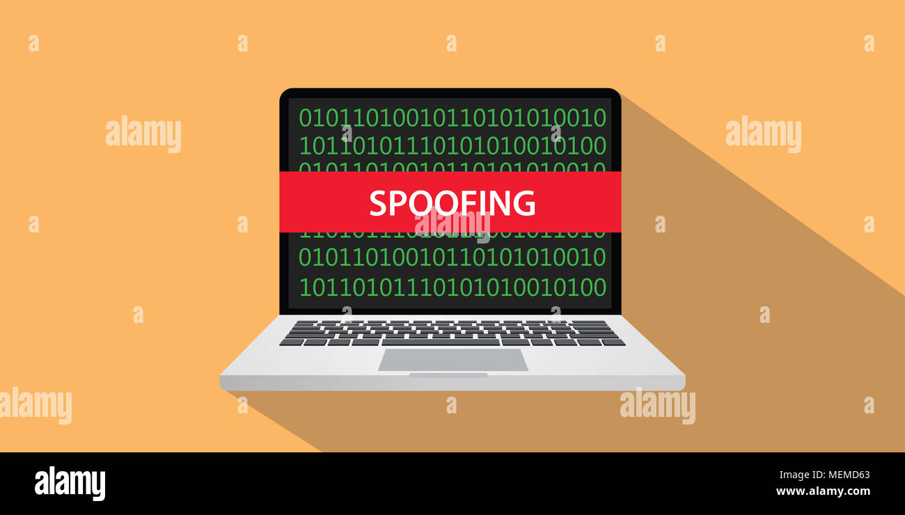 spoofing concept illustration with laptop comuputer and text banner on screen with flat style and long shadow vector Stock Photo