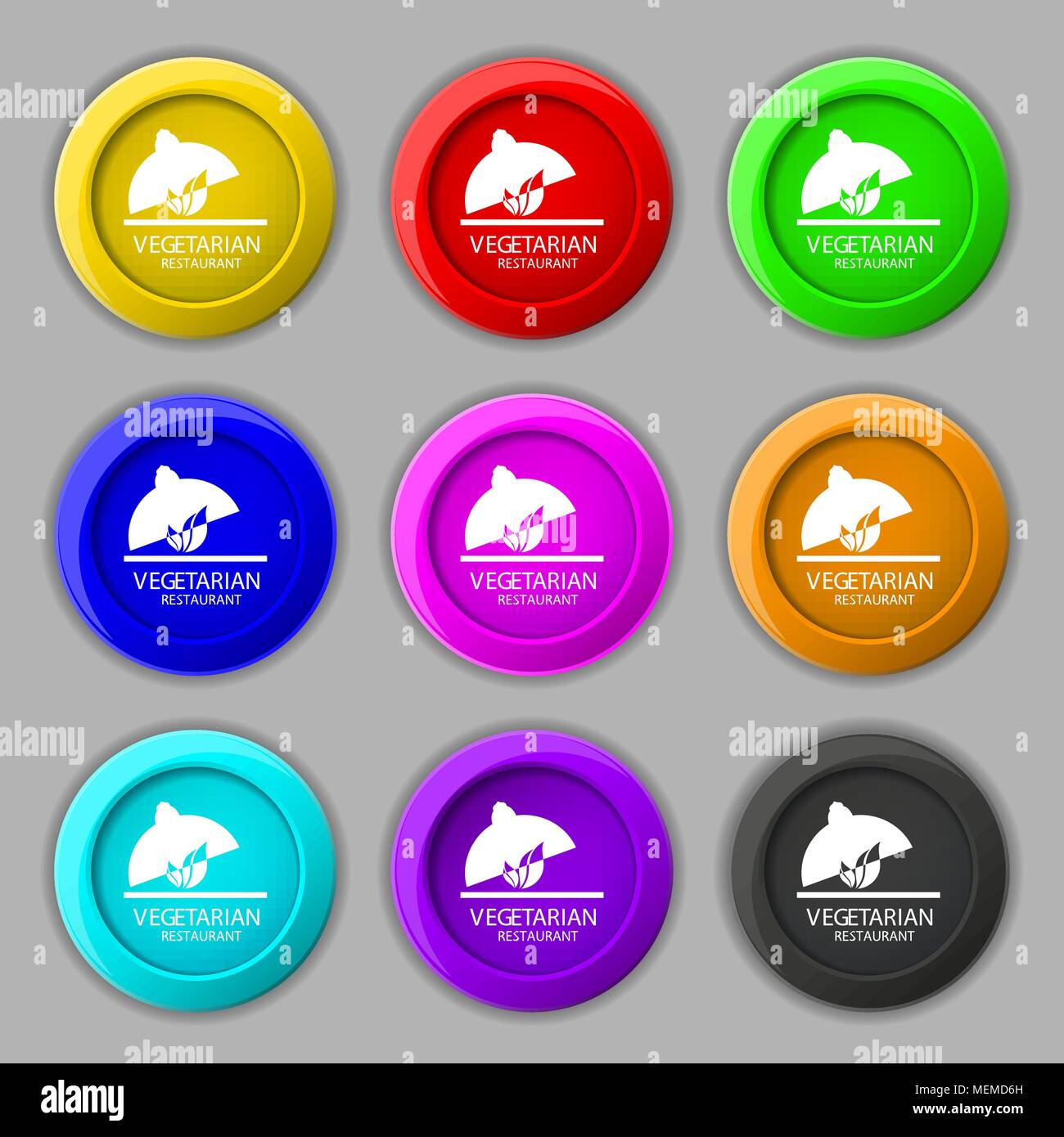vegetarian restaurant icon sign. symbol on nine round colourful buttons ...
