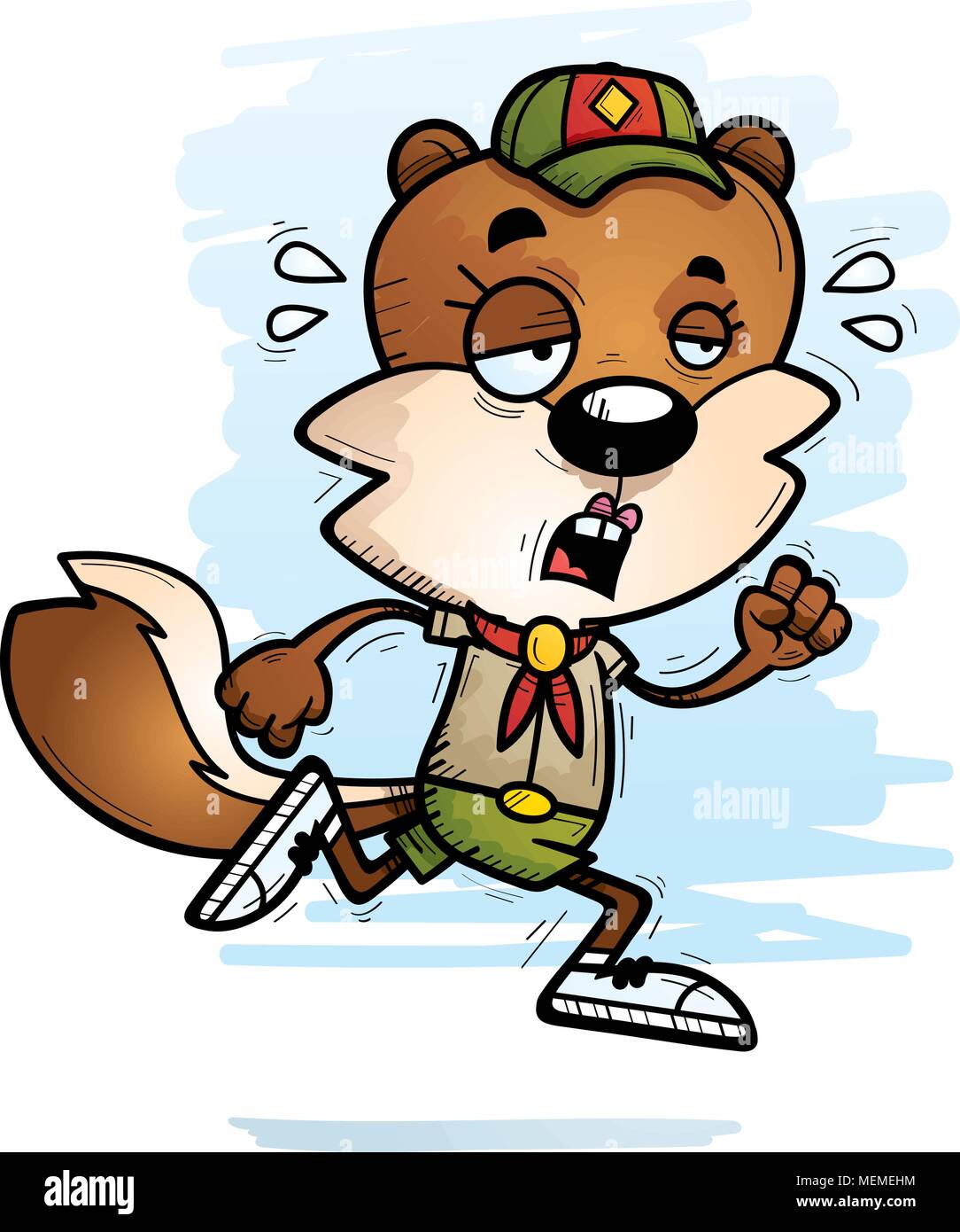 A cartoon illustration of a female squirrel scout running and looking exhausted. Stock Vector