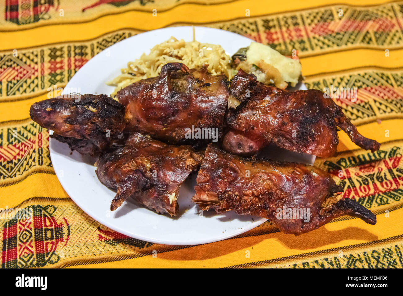 Guinea pig dish. Peruvian delicacy commonly served in restaurants in the mountains. Latin name of the dish is cuy chactado. Stock Photo