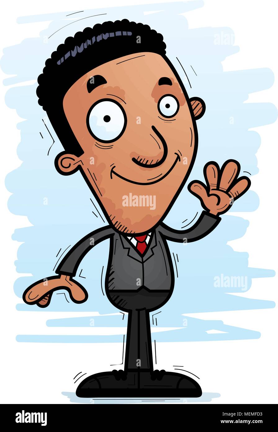 A cartoon illustration of a black businessman waving. Stock Vector