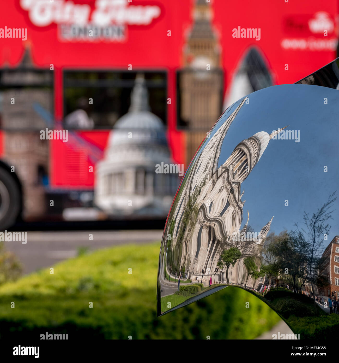 Distorted reflection of St Paul's Cathedral, London UK, reflected in ...