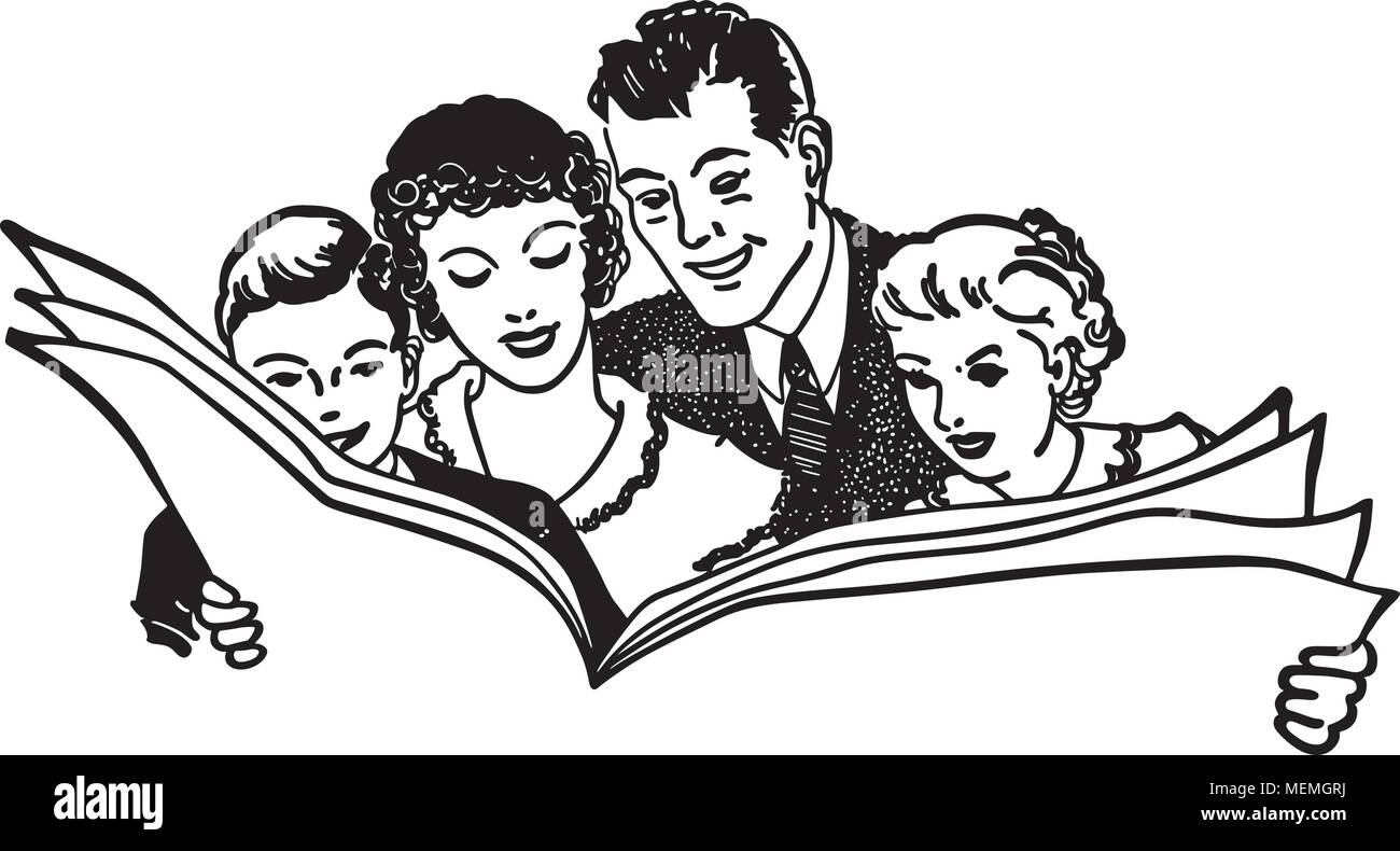 Family Reading Newspaper Retro Clipart Illustration Stock Vector Image Art Alamy