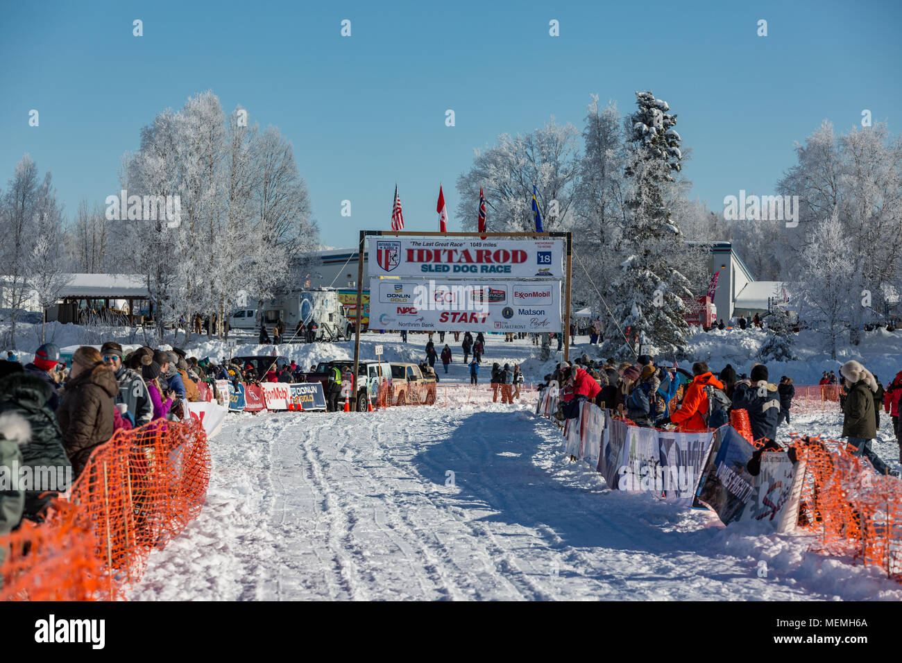 The offical restarting line of the Iditarod at Willion Alaska Stock Photo