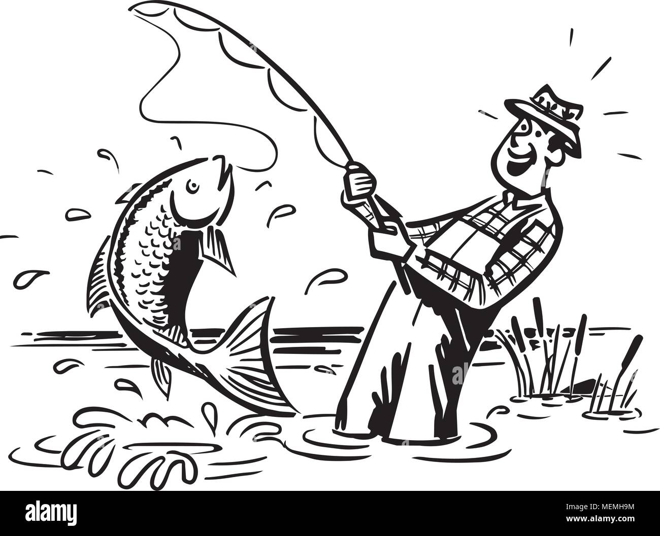 Fisherman Catching The Big One Retro Clipart Illustration Stock
