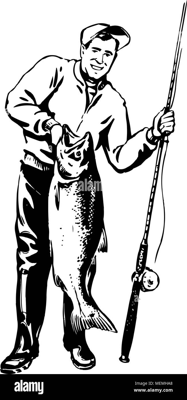 Fisherman With Fish - Retro Clipart Illustration Stock Vector
