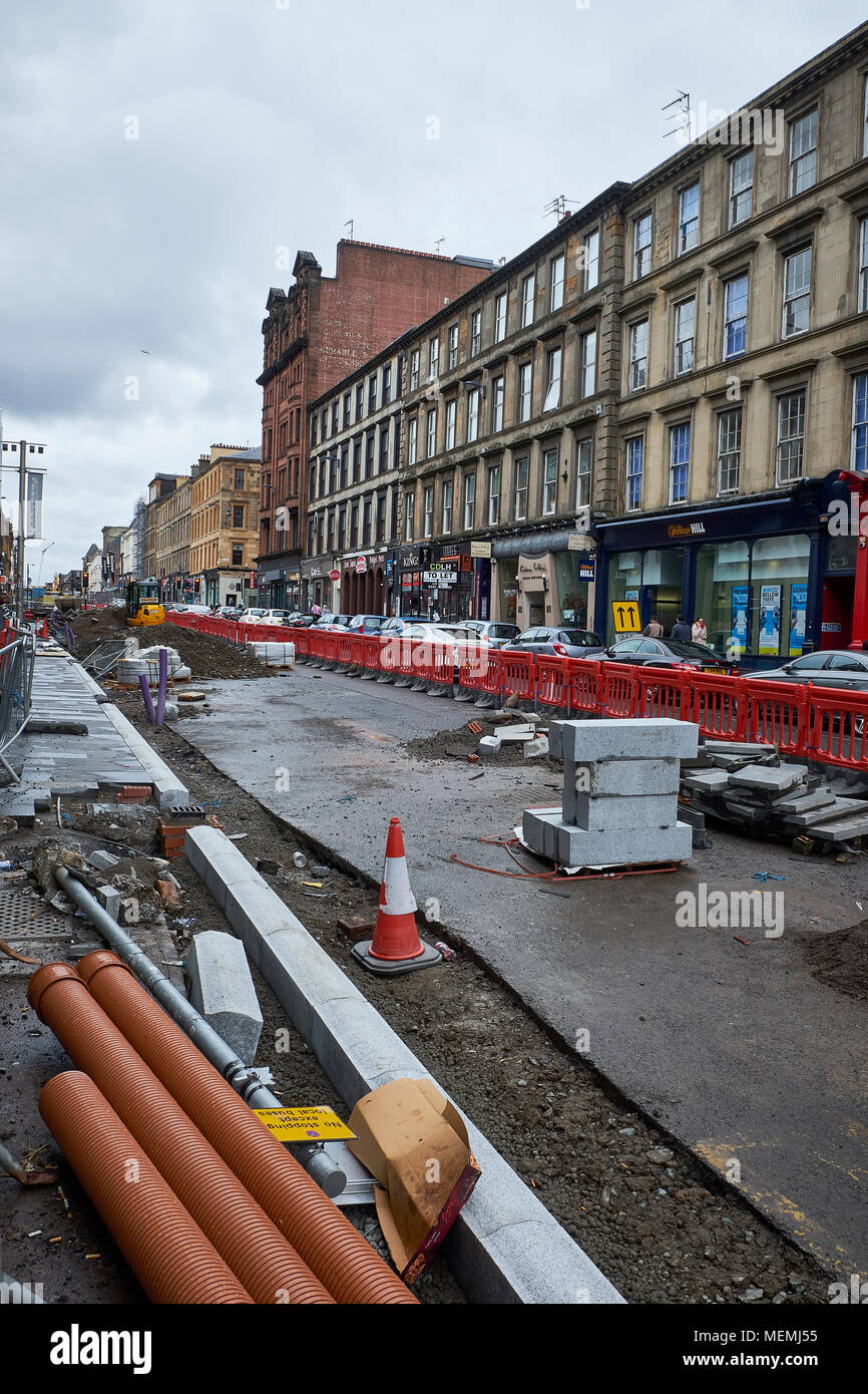 Renovation,excavation, of the road Glasgow Sauchiehall Street is one of